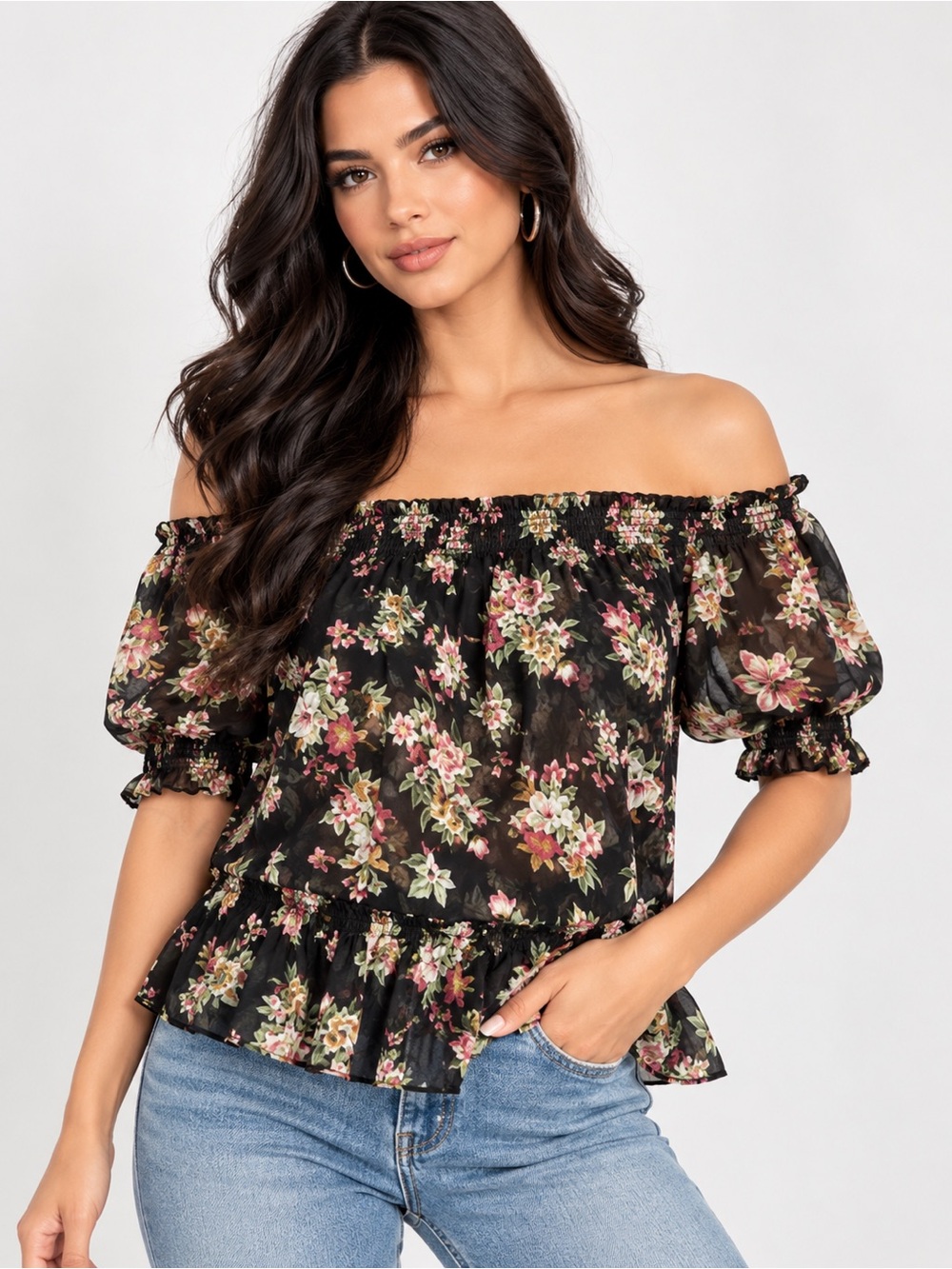 Thanx Black Floral Off Shoulder Peasant Blouse Boho Top M